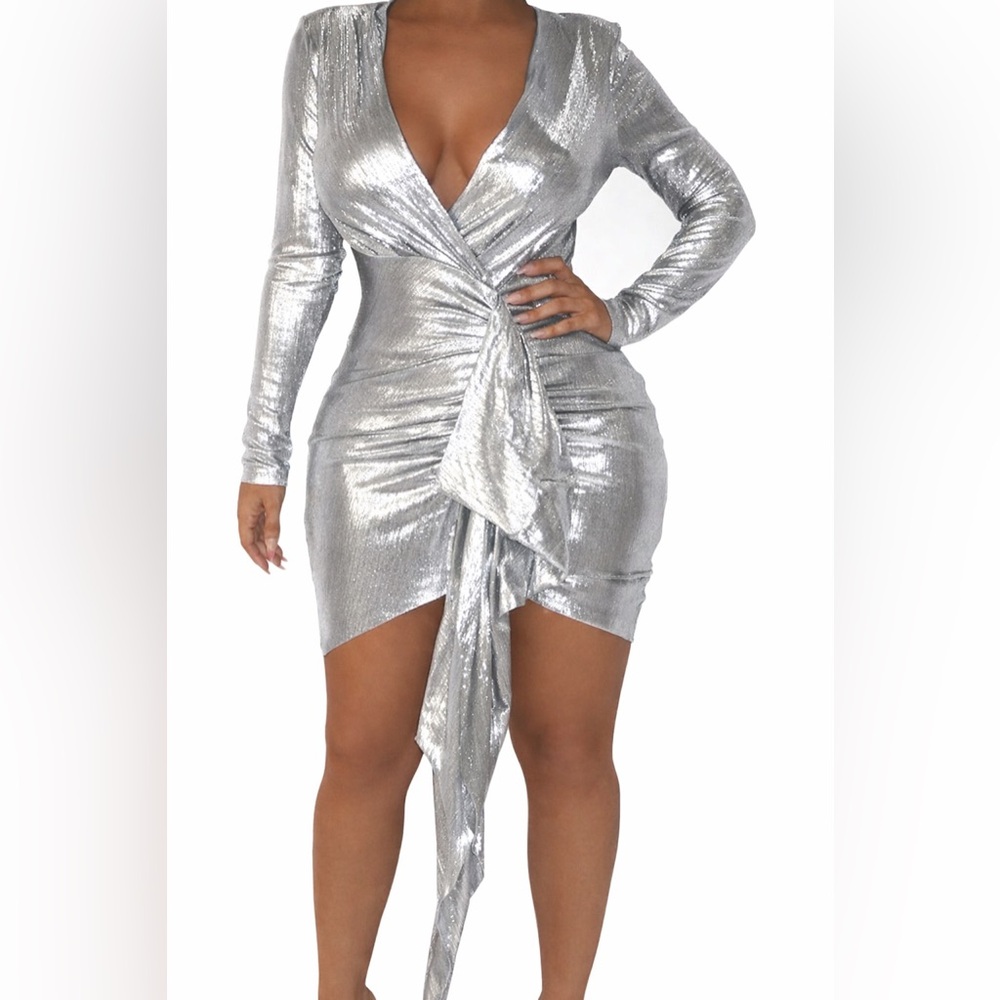 Sexy Metallic Silver Deep V Wrap Dress | Long Sleeve Bodycon | M L XL